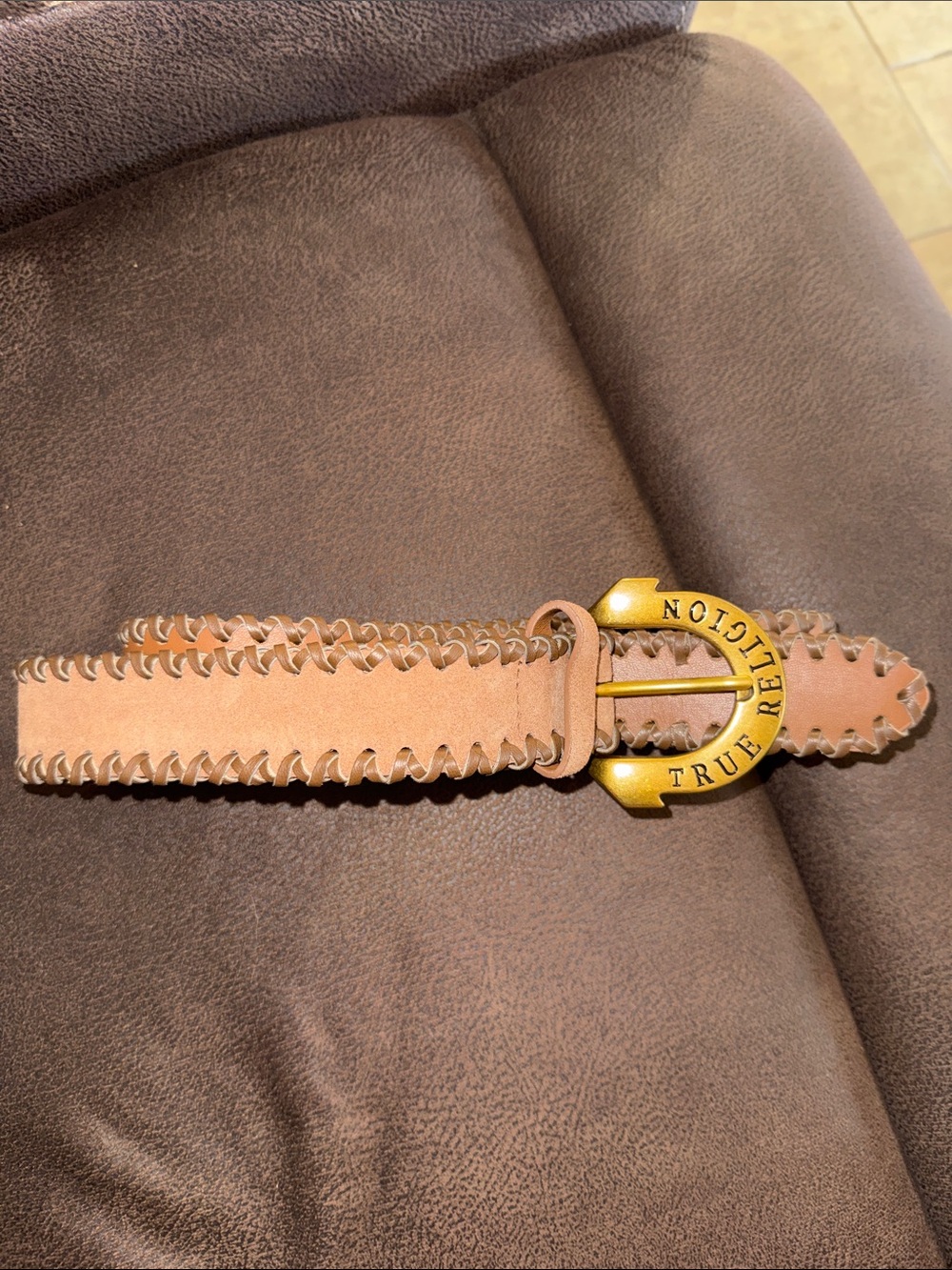 True Religion Tan Leather Whipstitch Belt with Gold-Tone Logo Buckle